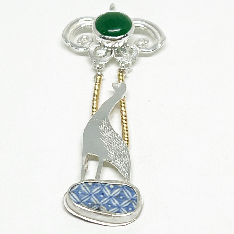 Pendant in sterling silver with antique pottery and green onyx 14kt gold filled wire