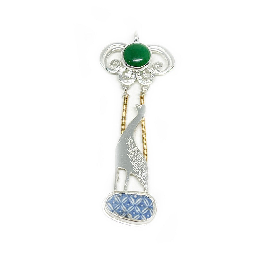 Pendant in sterling silver with antique pottery and green onyx 14kt gold filled wire