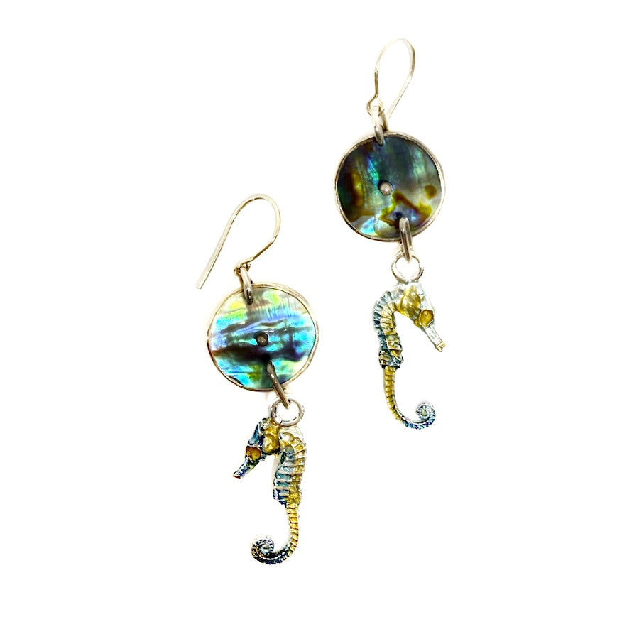 Seahorse earrings in solid sterling silver with paua shell with Patina