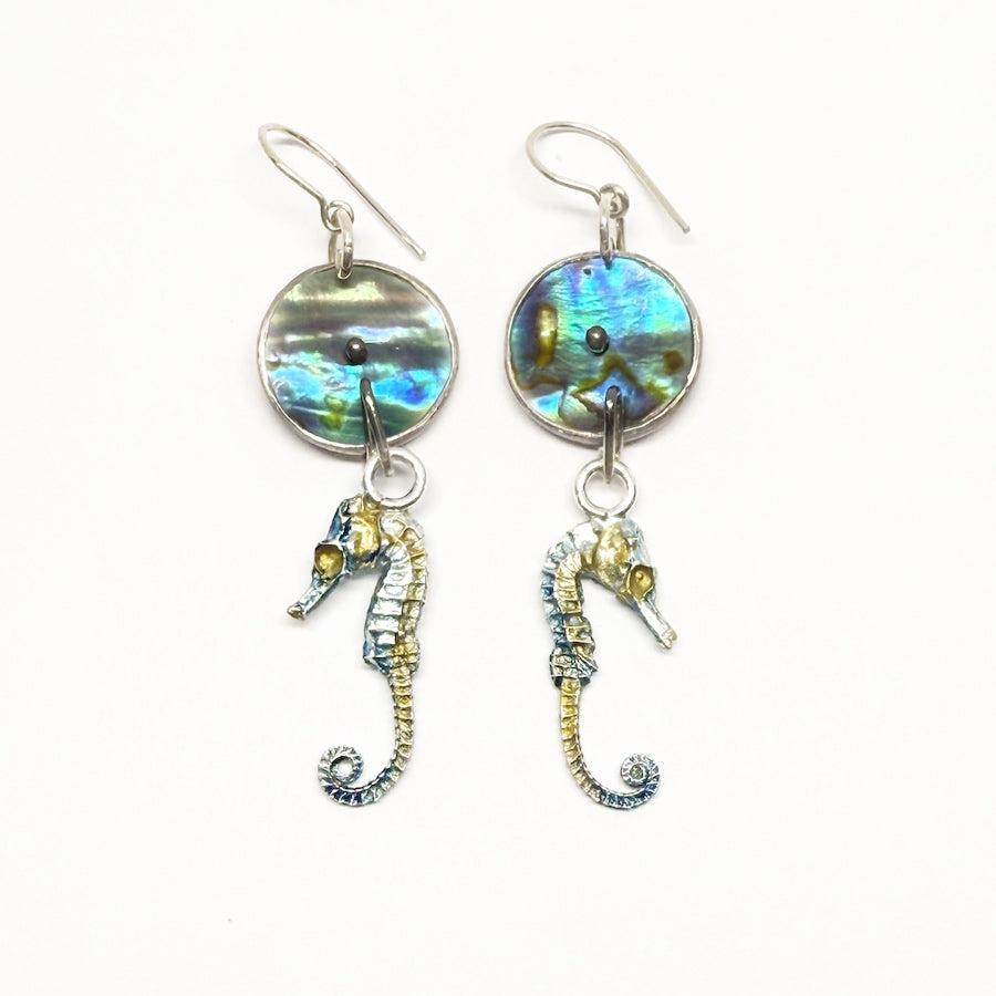 Seahorse earrings in solid sterling silver with paua shell with Patina