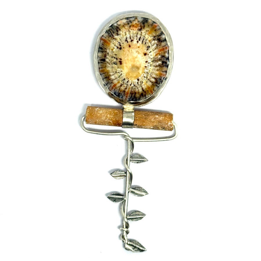 Brooch with shell and antique ceramic in sterling silver