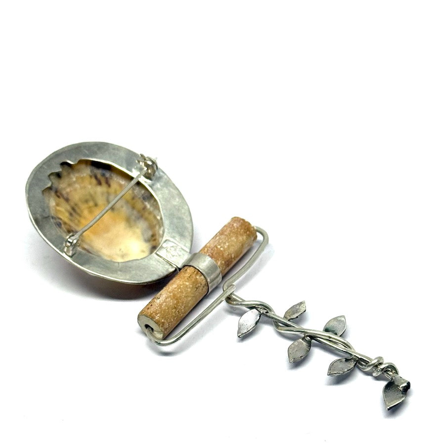 Brooch with shell and antique ceramic in sterling silver