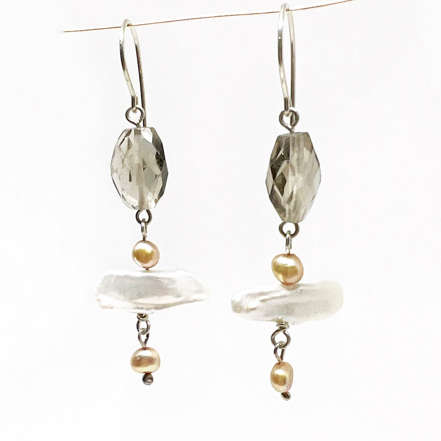 Freshwater Kashi Baroque Pearl Earrings with smokey quartz and apricot baby pearls with Sterling silver - Smokey Butter