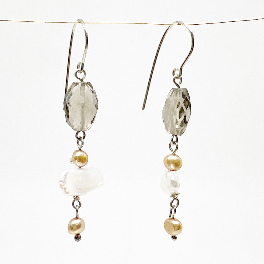 Freshwater Kashi Baroque Pearl Earrings with smokey quartz and apricot baby pearls with Sterling silver - Smokey Butter