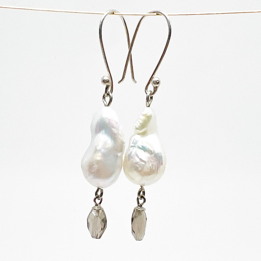 Freshwater Baroque Pearls with with Smokey Quartz and Sterling Silver Earrings - Smokey Water Moon