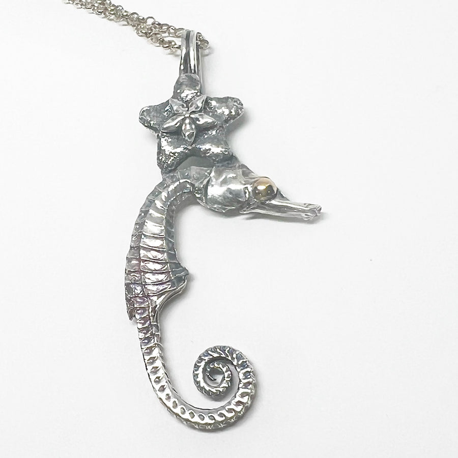 Solid Sterling Silver with 9ct gold, large Seahorse Pendant - Star Of The Sea