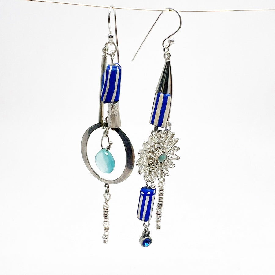 Sterling Silver, deep blue striped antique ceramic, chalcedony filigree earrings