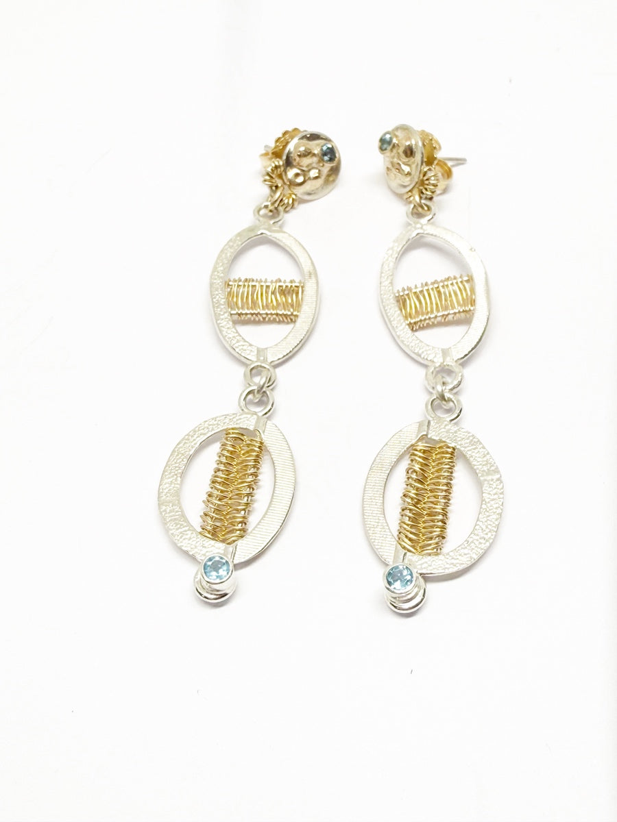 Handmade Solid Sterling silver and 14kt gold earrings with Blue Topaz- Positive Conduit - Water