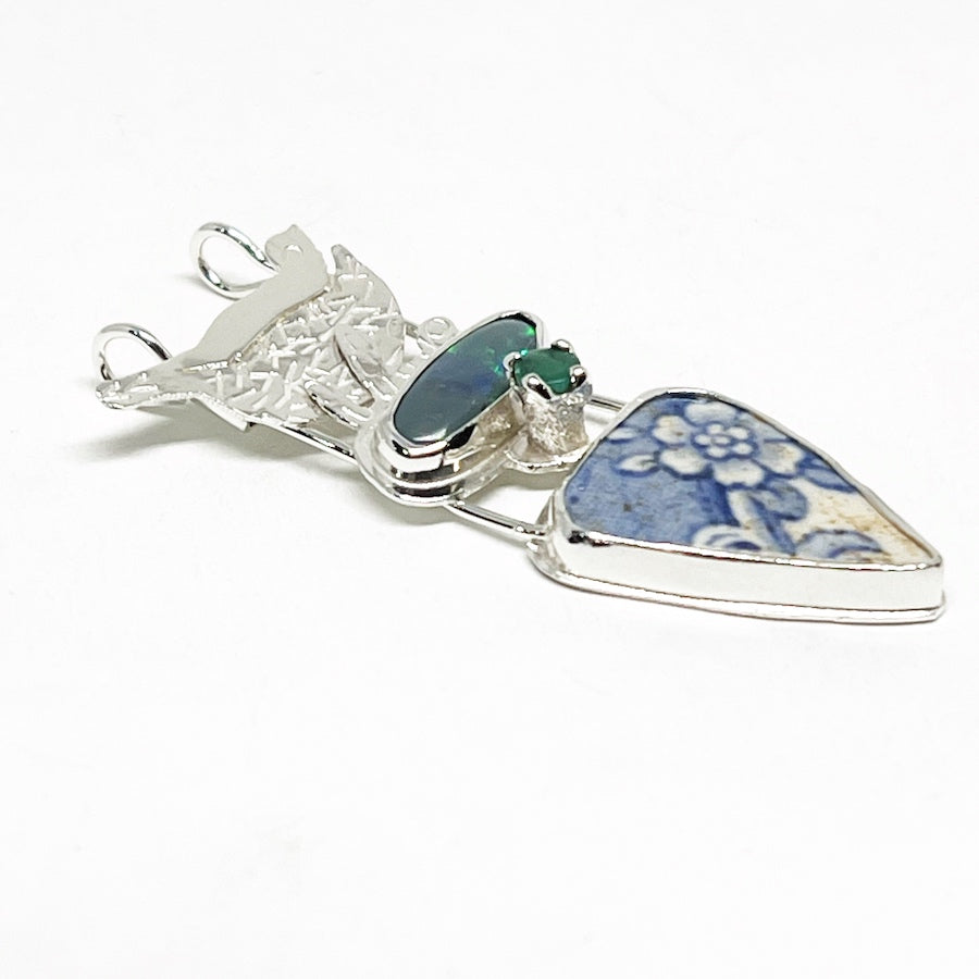 Sterling silver, emerald, solid opal, pottery shard bird pendant