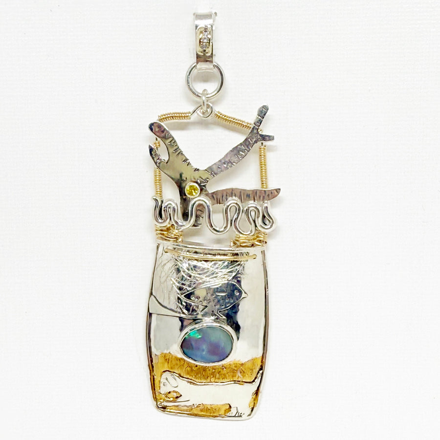 Pendant of sterling silver and 9ct gold, 14kt gold filled wire, 9ct gold leaf yellow sapphire, salvaged diamond; solid Australian opal