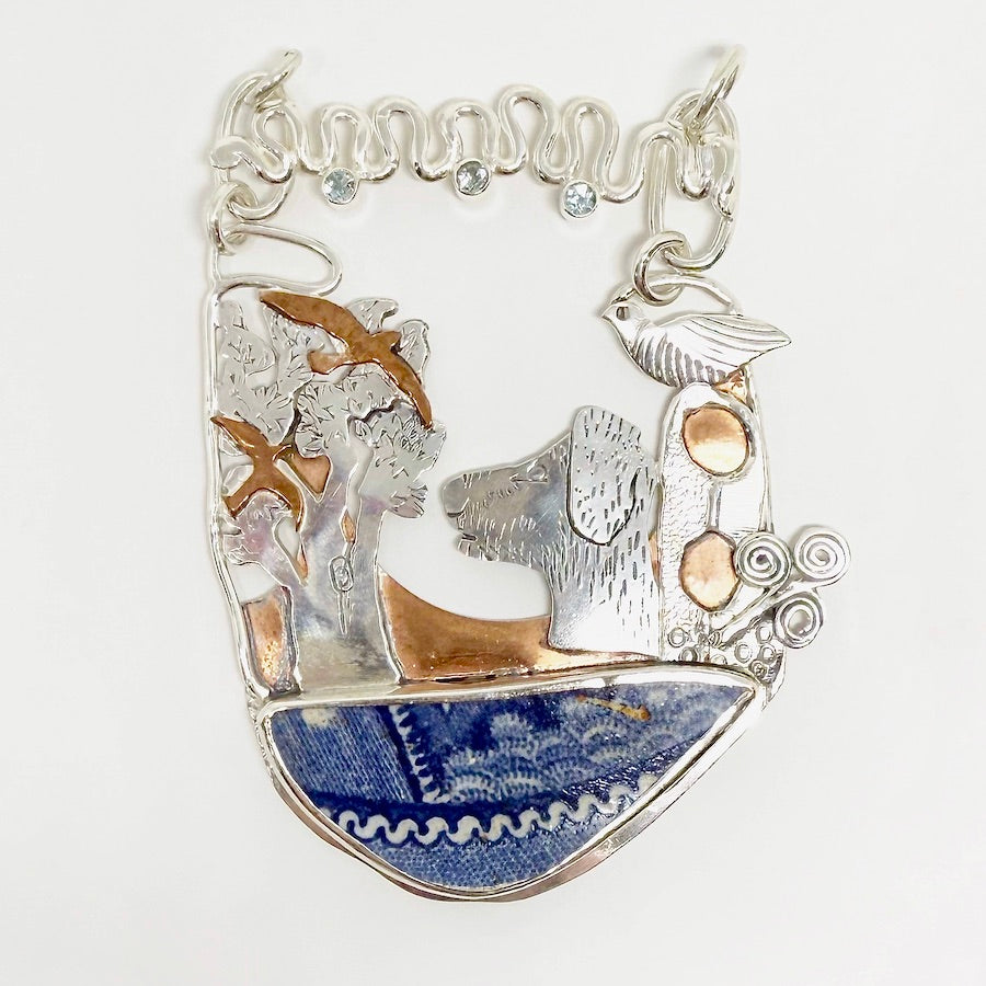 Pendant of sterling silver dog and copper birds, 19th century pottery chard Thames River London, Blue zircons