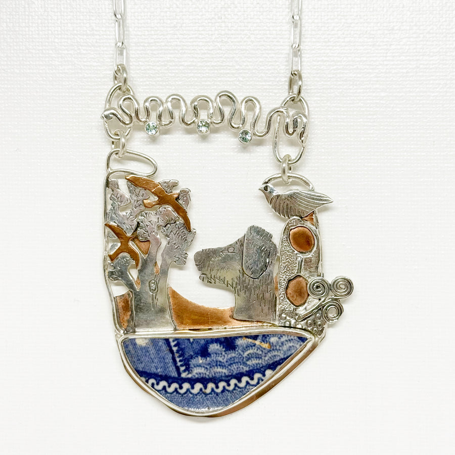 Pendant of sterling silver dog and copper birds, 19th century pottery chard Thames River London, Blue zircons