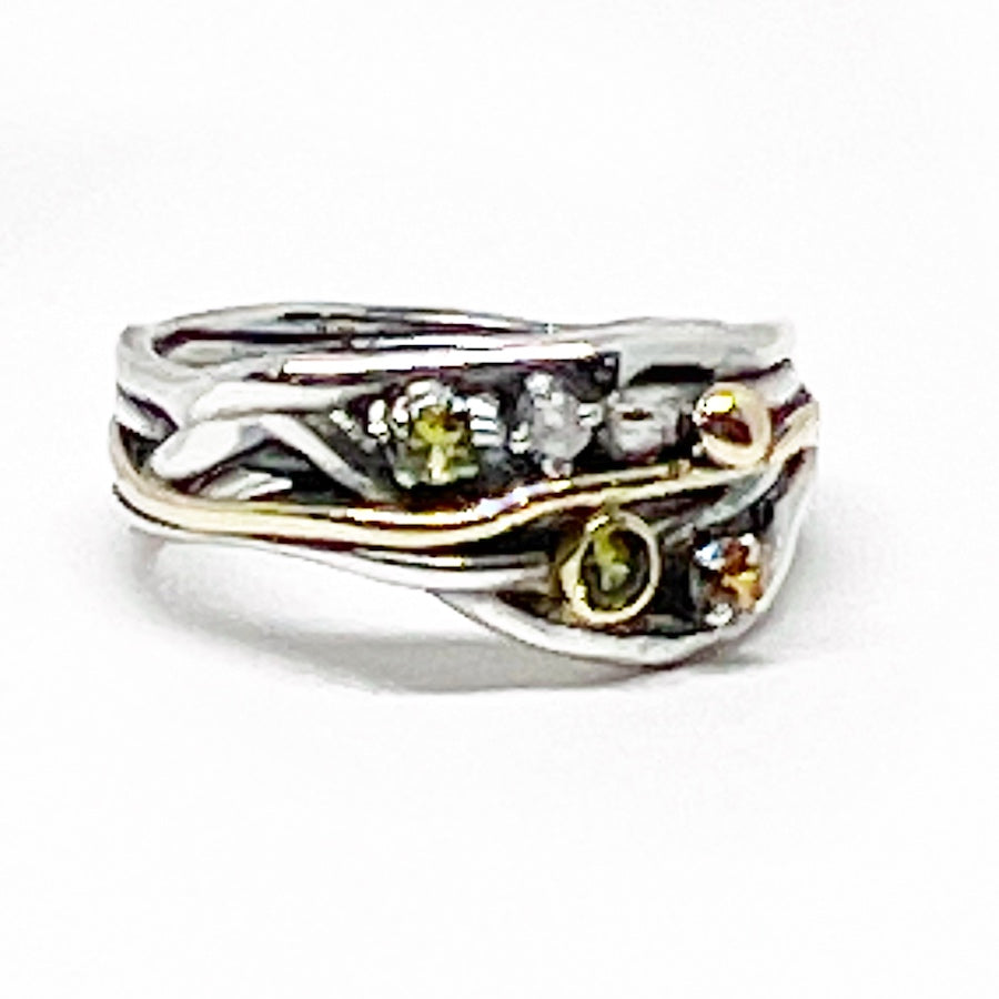 Sterling Silver, 9ct Yellow Gold, Green Orange and White Sapphires Ring- Wild