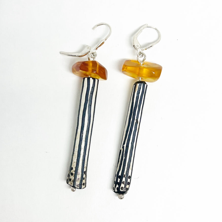 Vintage Baltic Amber with Thames River Ceramic pipe parts & sterling silver Earrings - Curvyless
