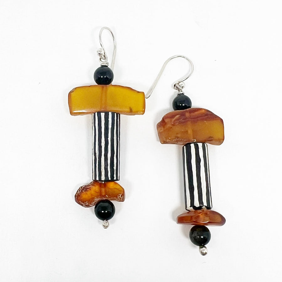 Vintage Baltic & Black Amber & Thames River Ceramic Pipe & sterling silver Earrings - Banter