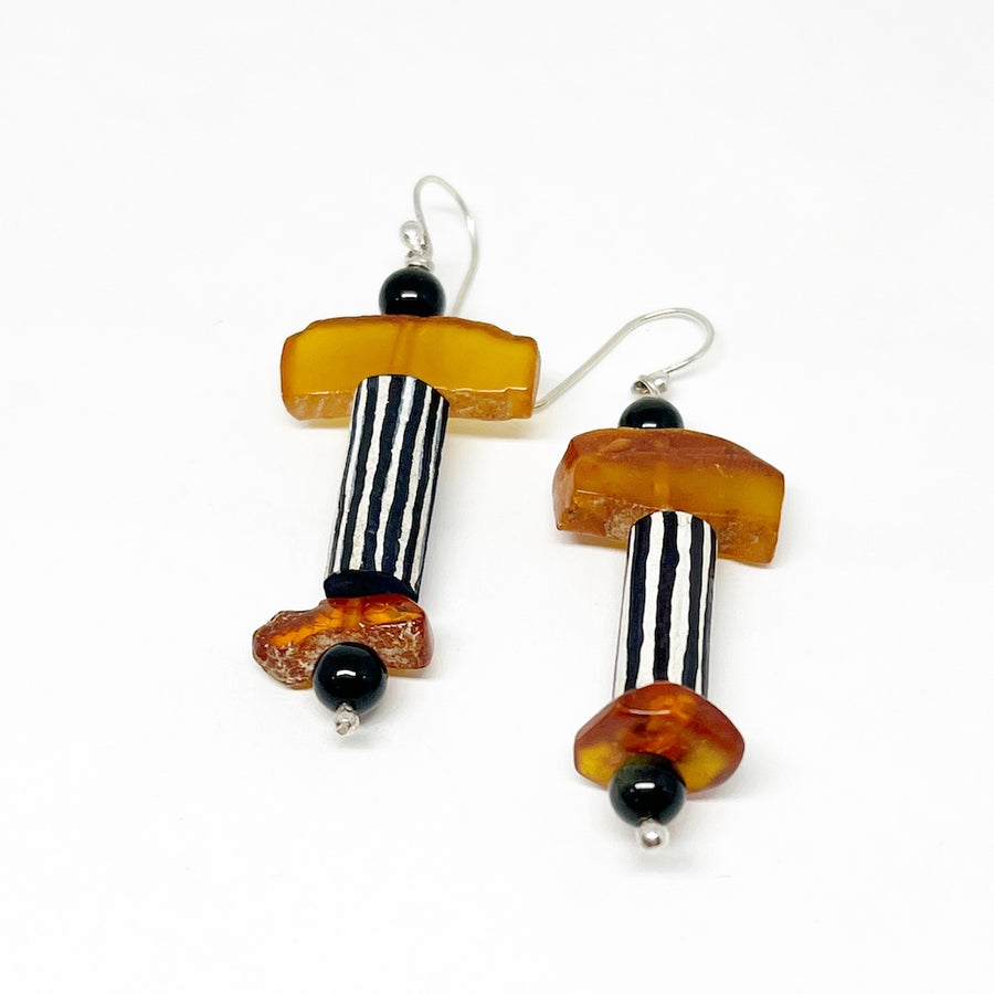 Vintage Baltic & Black Amber & Thames River Ceramic Pipe & sterling silver Earrings - Banter