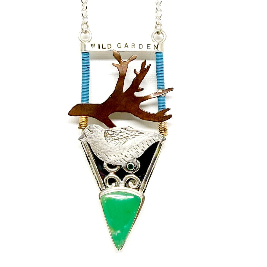 Pendant of sterling silver bird, copper, chrysoprase and emerald