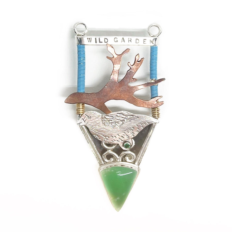 Pendant of sterling silver bird, copper, chrysoprase and emerald