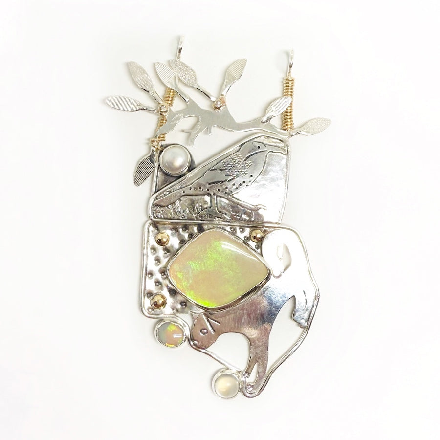 Pendant in sterling silver,  9ct gold, 14k gold filled wire, solid Australian opals, vintage moonstone, salvaged diamonds