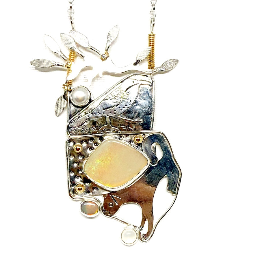 Pendant in sterling silver,  9ct gold, 14k gold filled wire, solid Australian opals, vintage moonstone, salvaged diamonds