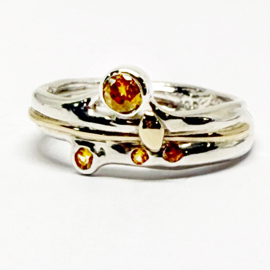 Ring sterling silver & 9ct gold with titanite & 3 orange sapphires