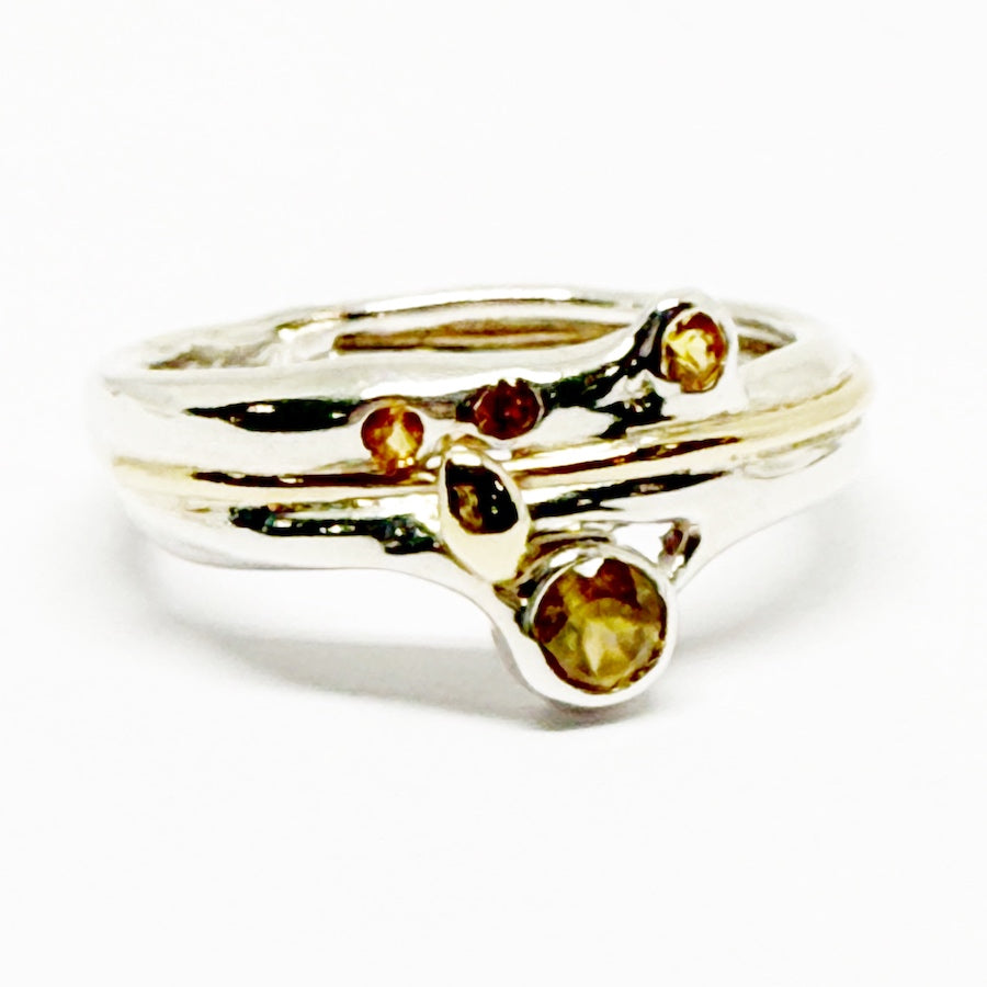 Ring sterling silver & 9ct gold with titanite & 3 orange sapphires