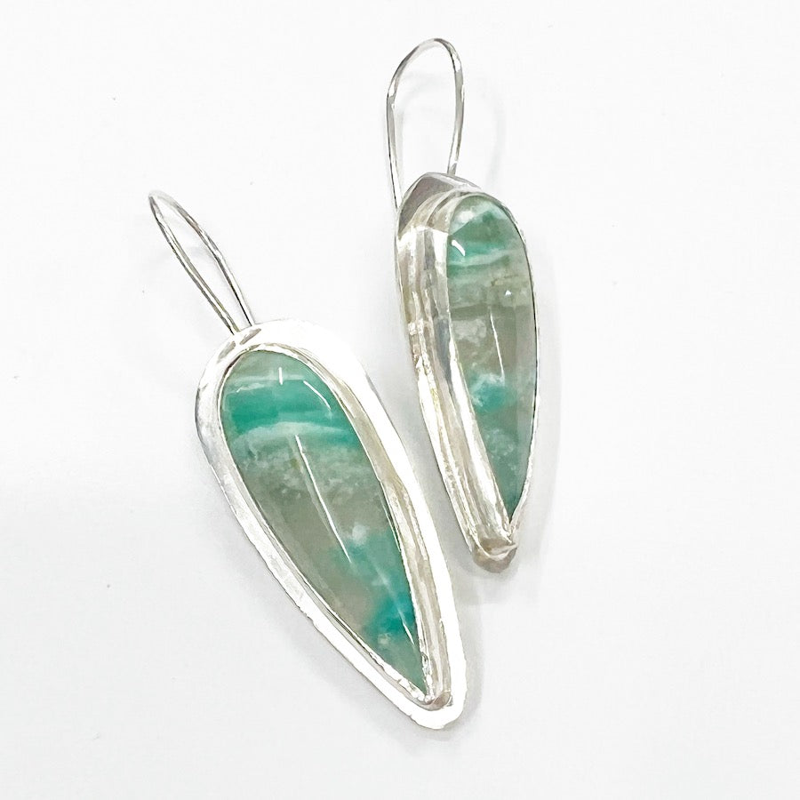 Aqua Wood Opal Earrings with Sterling Silver -   "Skytree"