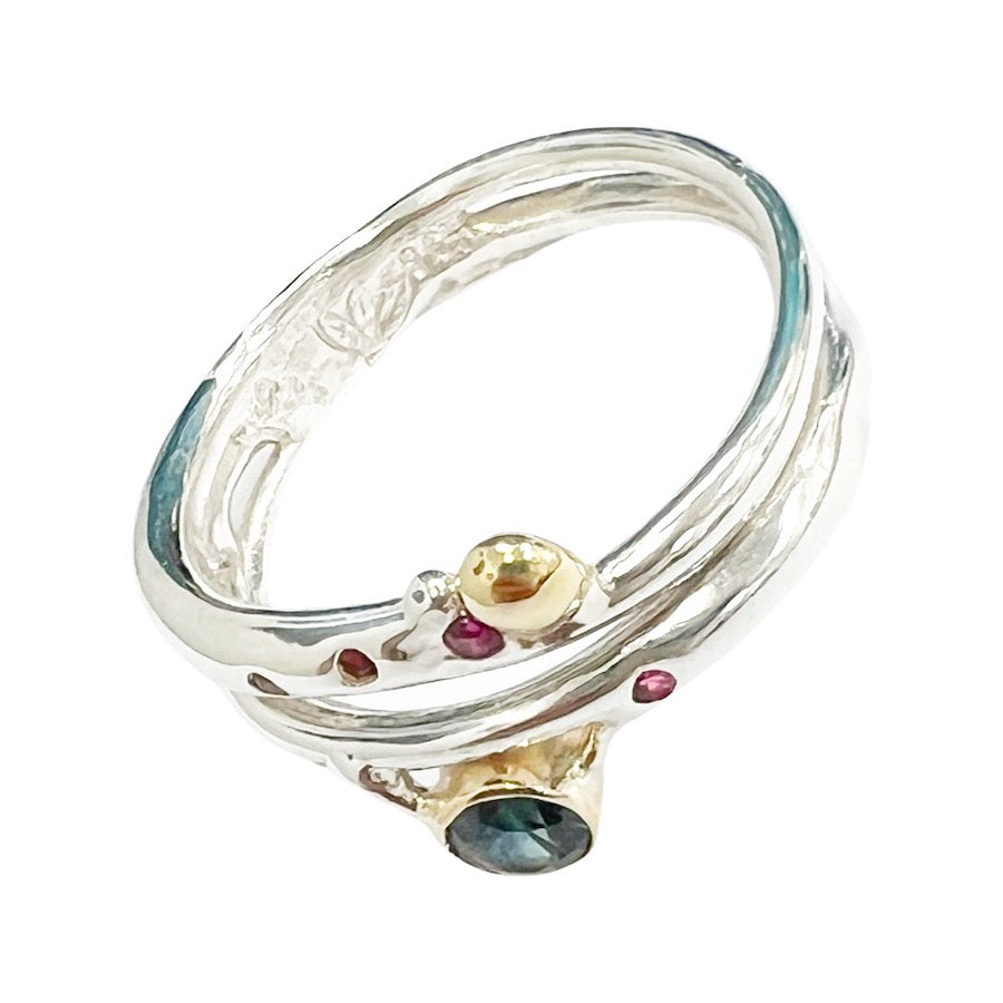 Blue Green Sapphire set in 9ct gold with 4 Rubies in Sterling Silver, Ring - I Will Lead