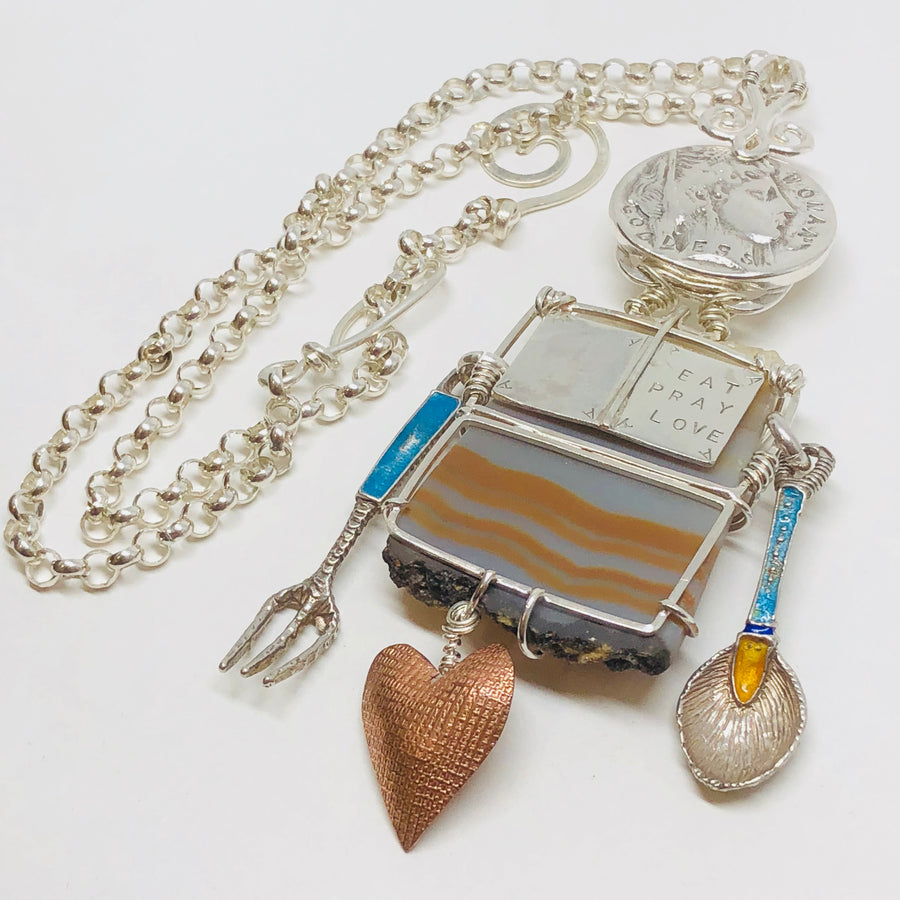 Sterling silver, Copper and Ribbon Stone Pendant or Art Piece- Eat Pray Love- Finding Oneself