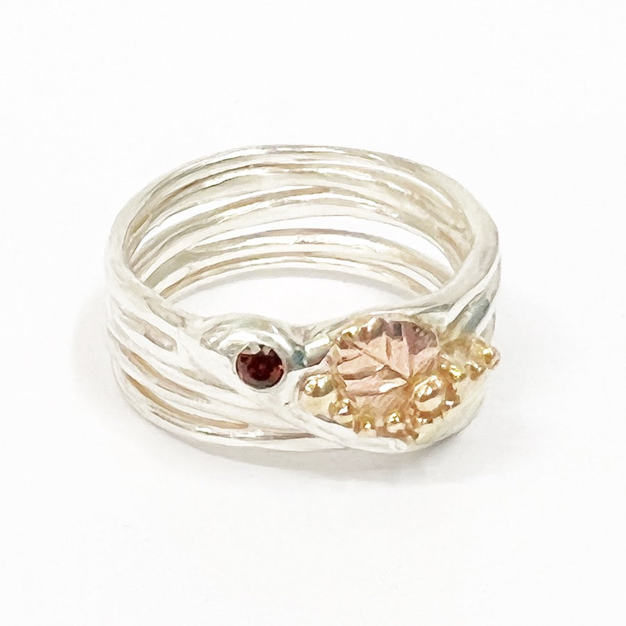 Loves Forest Union -Rose and yellow gold and sterling silver ring with Red Zircon