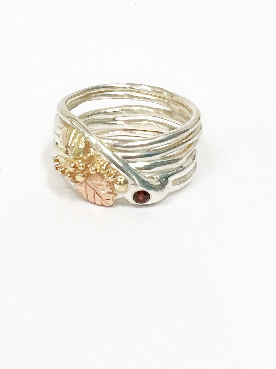 Loves Forest Union -Rose and yellow gold and sterling silver ring with Red Zircon