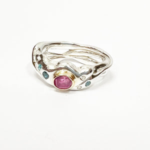 Pink Sapphire, Blue Zircon, Aquamarine and two diamonds, Sterling silver and 9ct gold Ring - Venus With Star