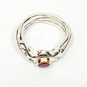 Pink Sapphire, Blue Zircon, Aquamarine and two diamonds, Sterling silver and 9ct gold Ring - Venus With Star