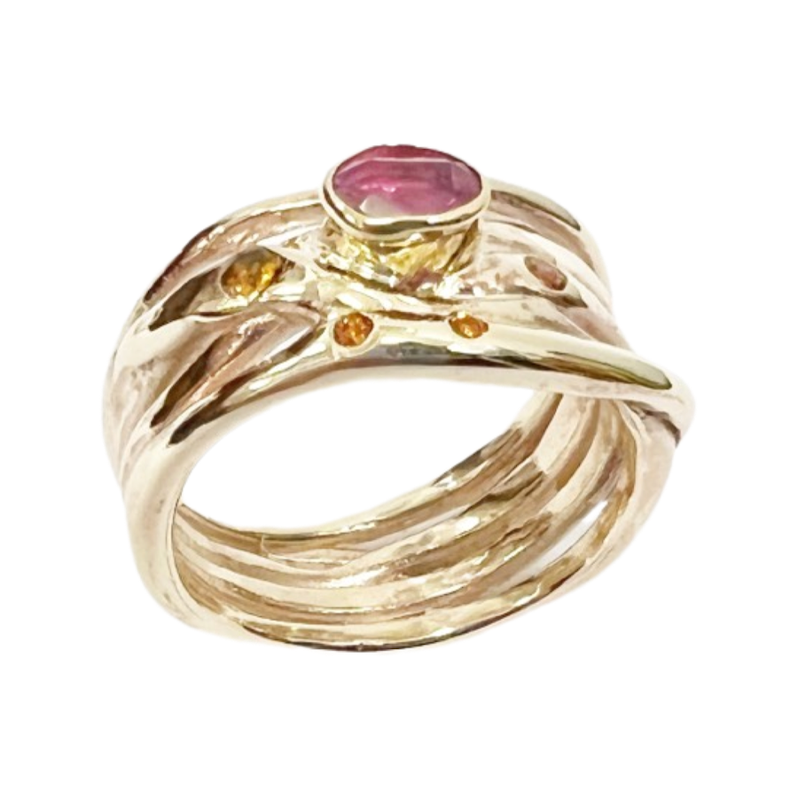9ct Recycled Gold Ring, Vintage Pink Ceylon Sapphire and Orange Sapphires - Pixie Fire