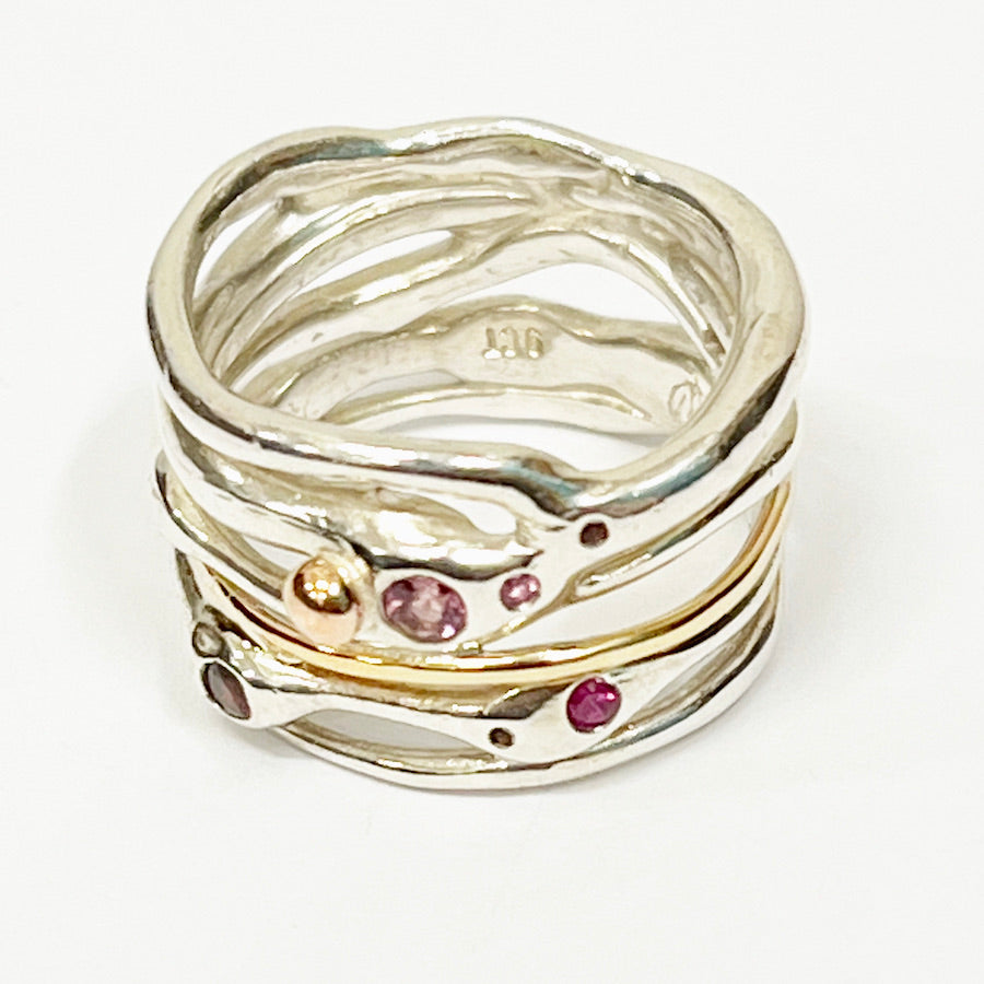 Pink Tourmaline, Ruby, garnet and Red Zircon ring- Love Knows The Way