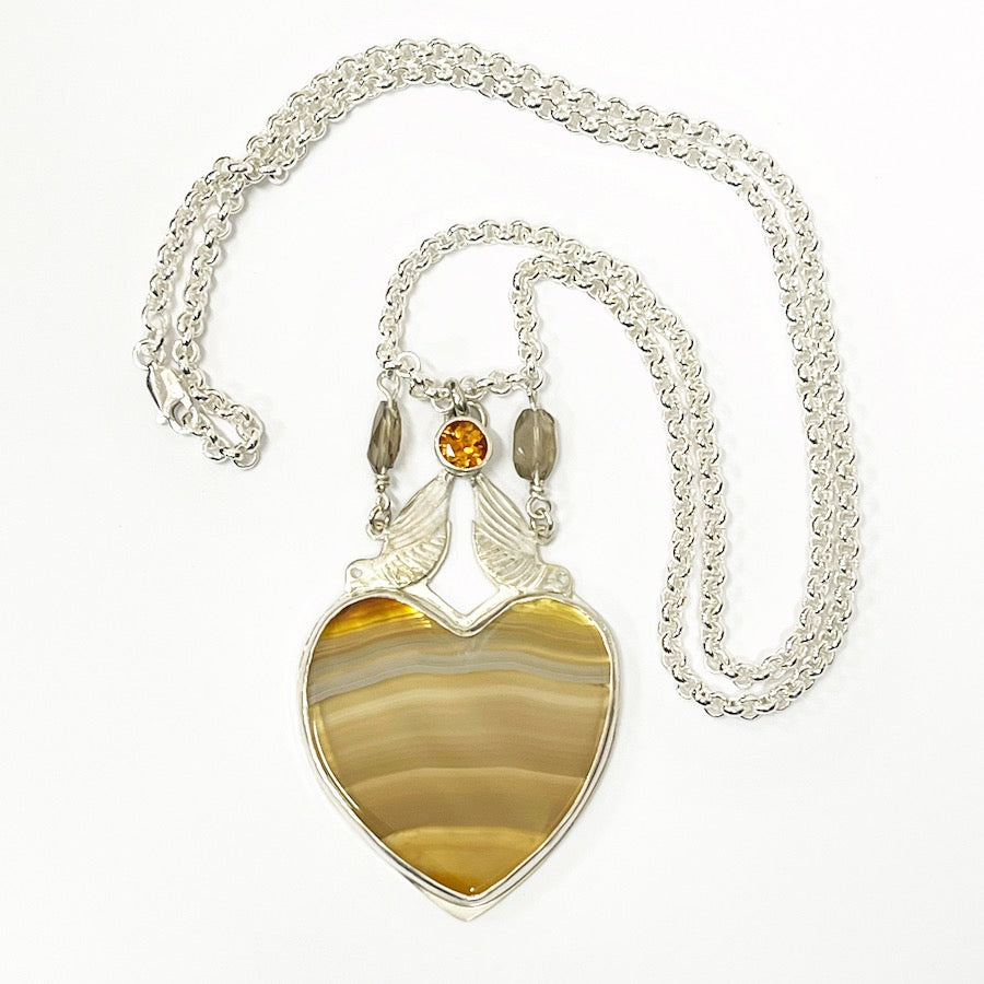 Sterling silver pendant with Australian Agate Heart, Citrine and smokey Quartz - Loves Abundance