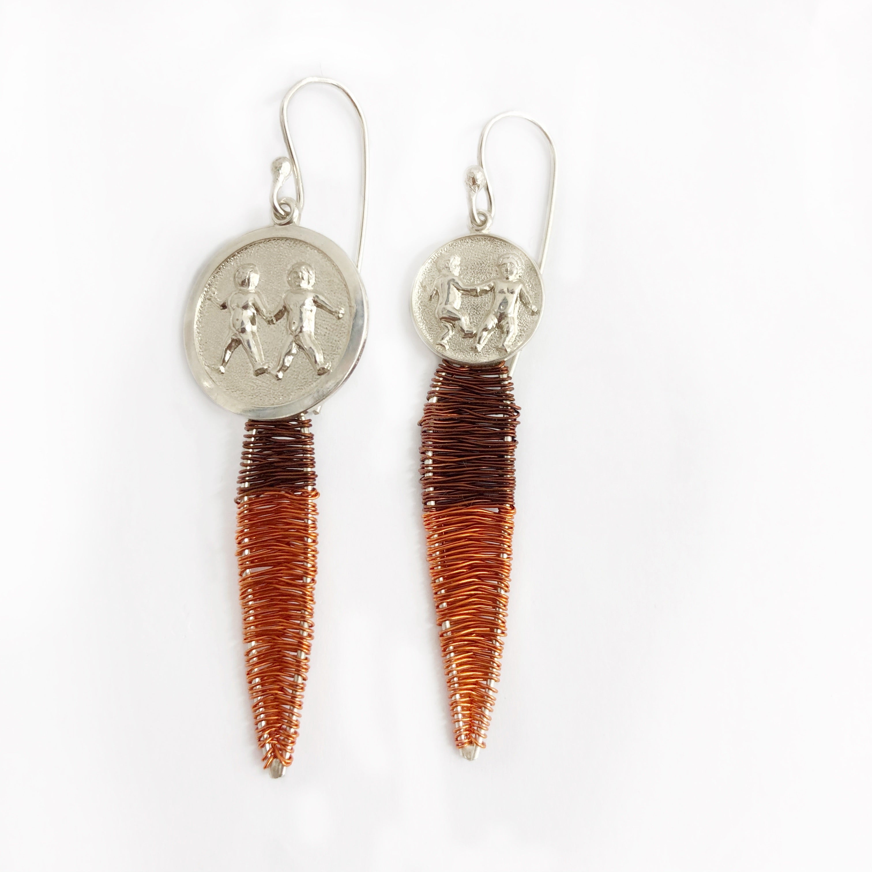Handmade Sterling Silver copper and vintage Zodiac Earrings - Gemini Earth People