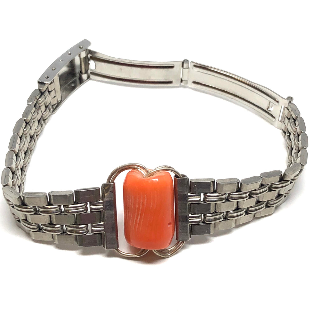 Handmade Vintage, Orange Coral, Stainless Steel Cuff