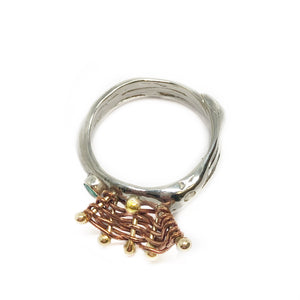 Within The Circle p- Sterling Silver, Gold and copper Emerald and White Sapphire Ring