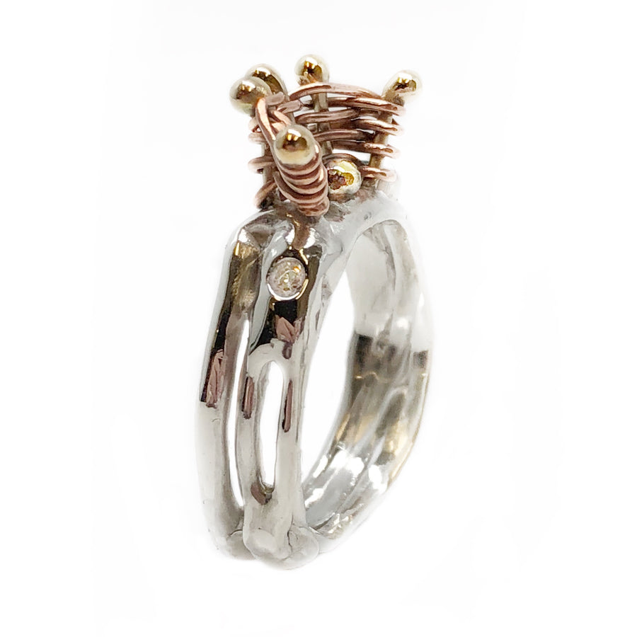 Within The Circle p- Sterling Silver, Gold and copper Emerald and White Sapphire Ring