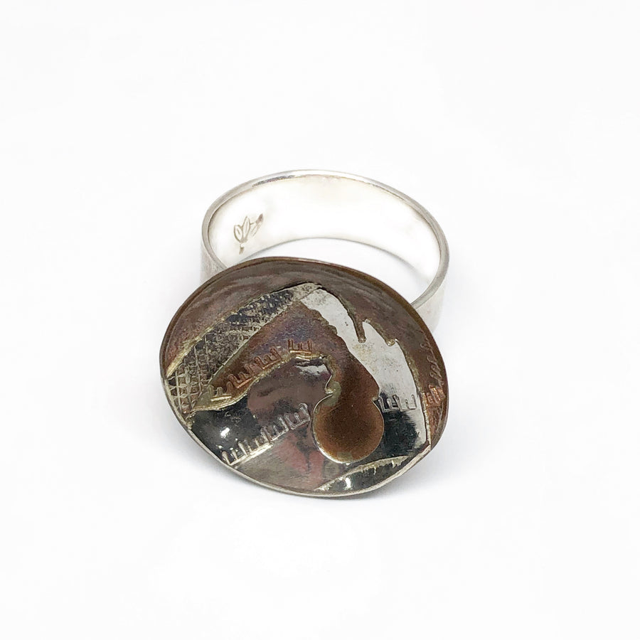 Sterling Silver and Copper Concave dome ring - Mountain